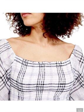 INC INTERNATIONAL CONCEPTS Ivory Plaid Square Neck Top • MSRP $70.00